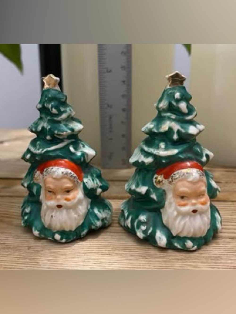 Vintage MCM Santa in Christmas Tree Salt and Pepper Shakers Japan Holiday Kitsch